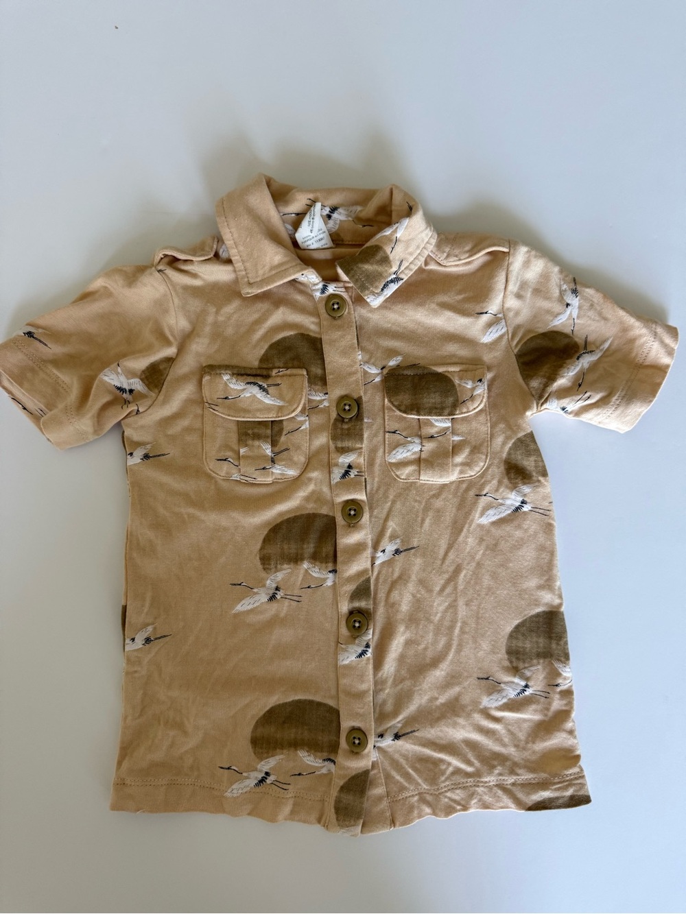 kate quinn Tan Short-Sleeve Button Down Shirt with Crane Print